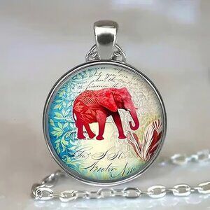 Silver ELEPHANT Glass Cabochon Pendant Necklace